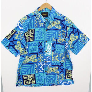 Vintage 90's Y2K Von Dutch Blue Hawaiian Print Tiki Camp Shirt Size L Bark Cloth